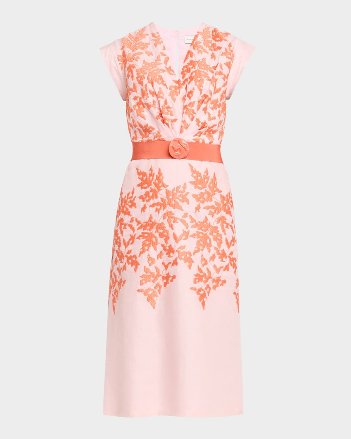 Olive Embroidered Linen Midi Dress With Belt