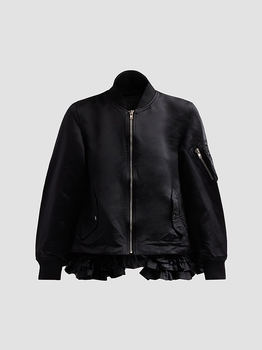 Women's Satin Ruffle-Trimmed Bomber Jacket - Black - Size Small