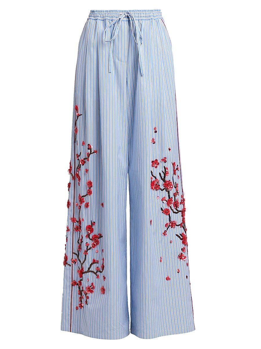 Women's Floral-Embellished Striped Cotton-Silk Drawstring Pants - Ricamati - Size 8