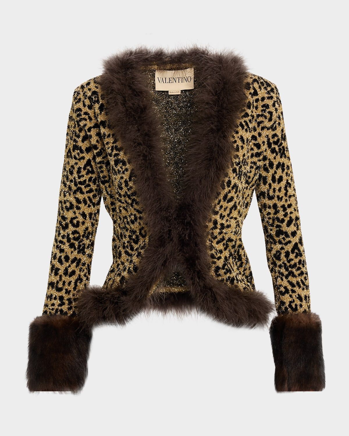Feather and Lamb Shearling Trim Metallic Leopard Jacket