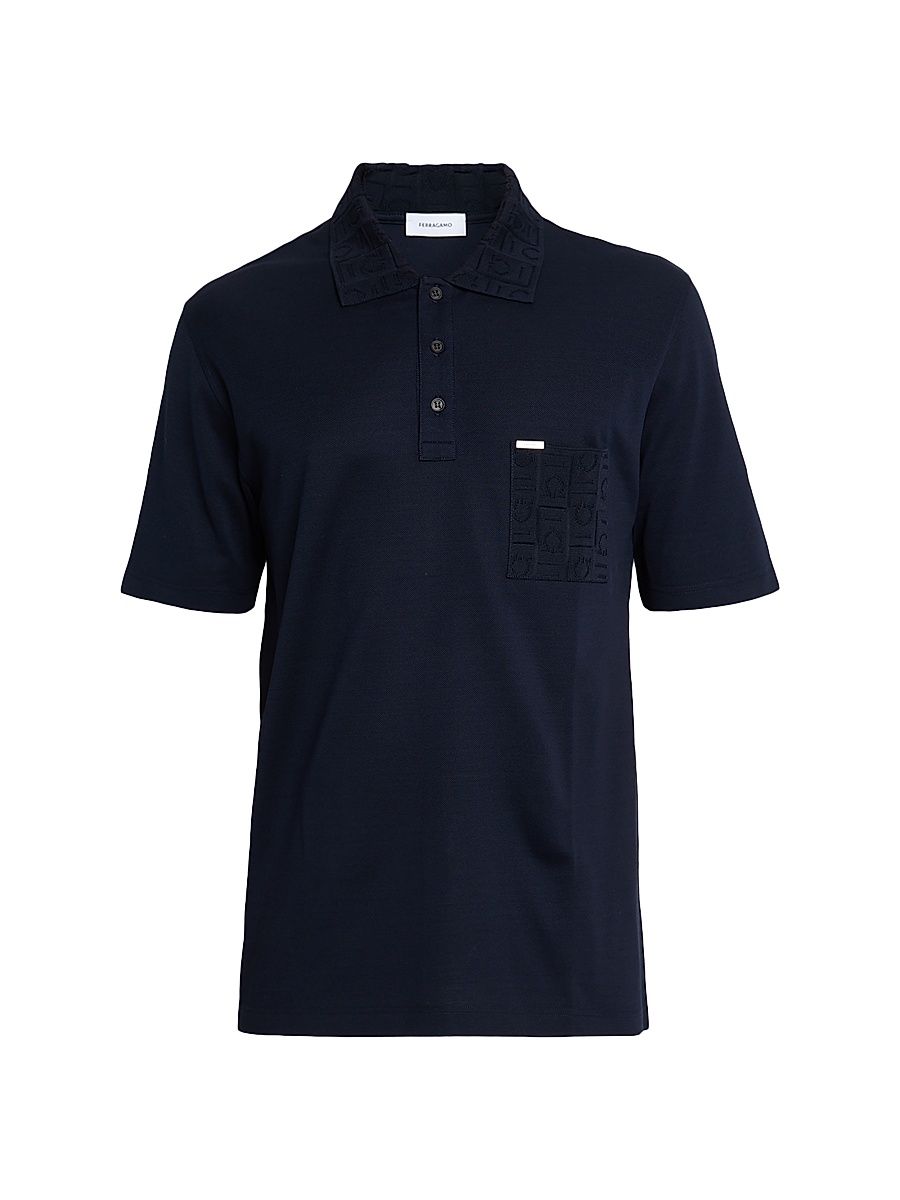 Men's Gancini Jacquard-Trim Cotton Pique Polo Shirt - New Navy - Size Small
