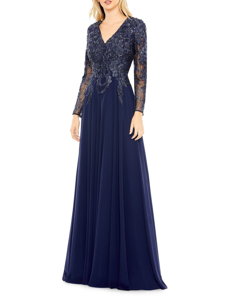 Mac Duggal Women's Embellished Illusion V-Neck Gown - Navy - Size 20