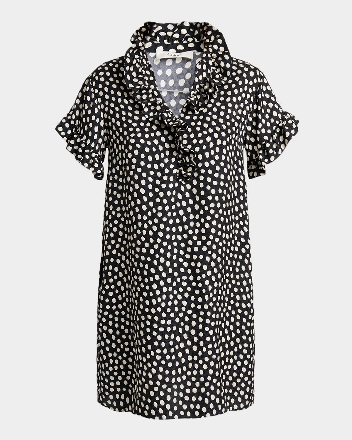 Dots Silk Jacquard Ruffle Short-Sleeve Mini Dress