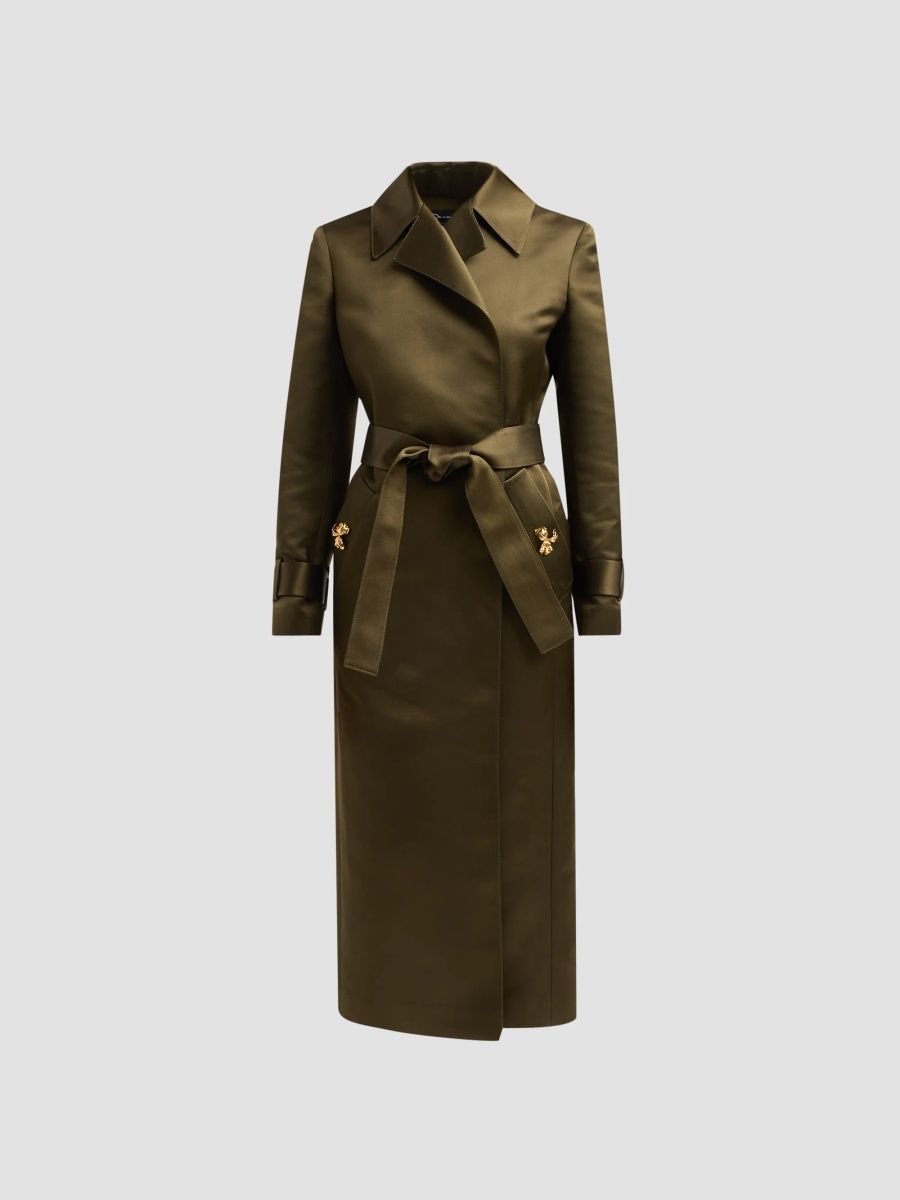 Oscar de la Renta Women's Brooch Silk Satin Gabardine Wrap Coat - Dark Moss - Size 10