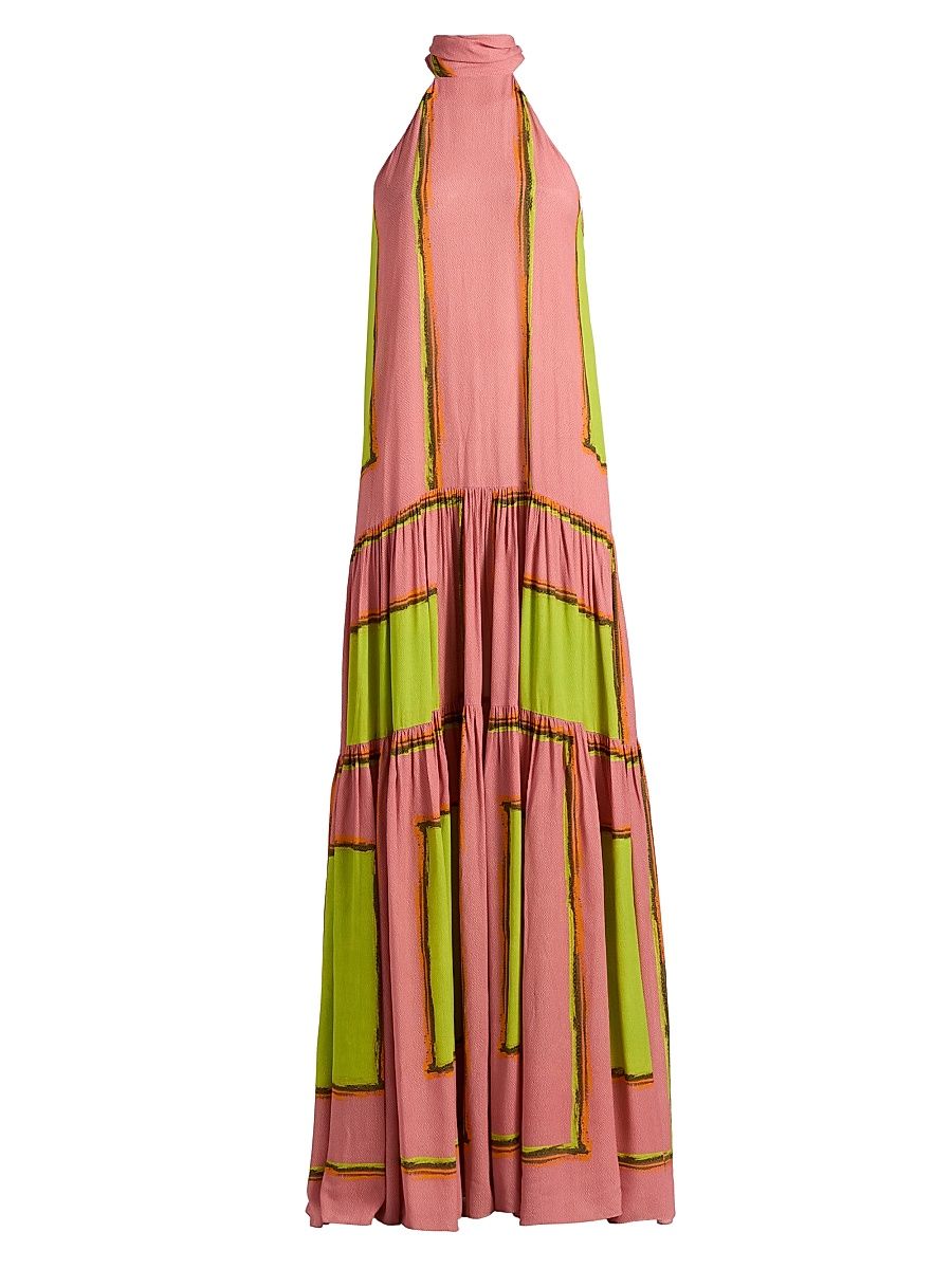Women's Dorelia Geometric Halterneck Maxi Dress - Neon Blossom - Size Medium