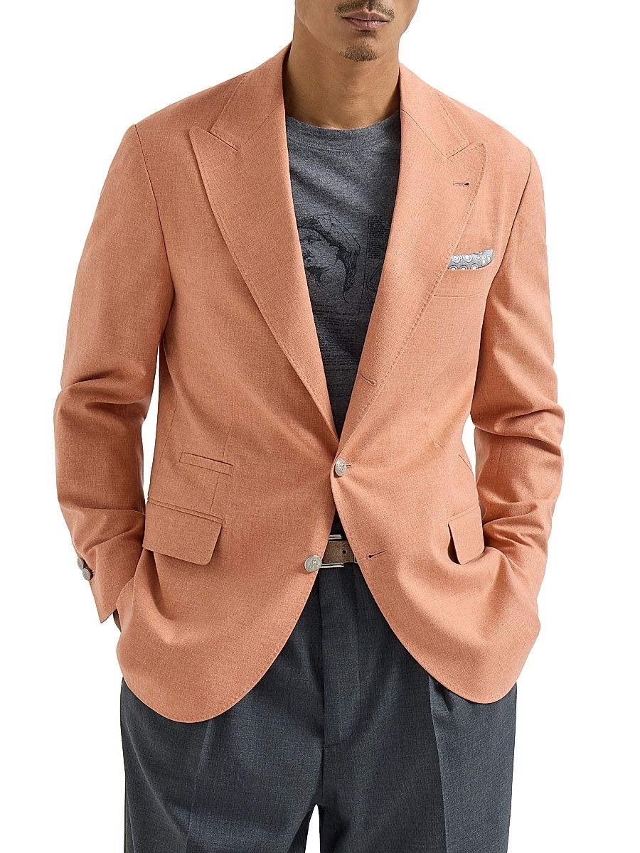Men's Virgin Wool, Cotton and Silk Mouliné Deconstructed Blazer - Apricot - Size 48