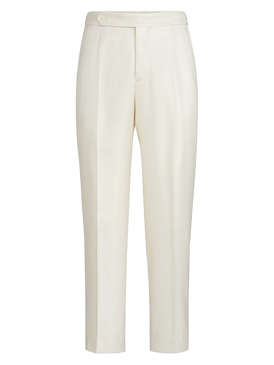 Men's Silk Diagonal Tuxedo Trousers with Pleat and Waist Tabs - Off White - Size 46