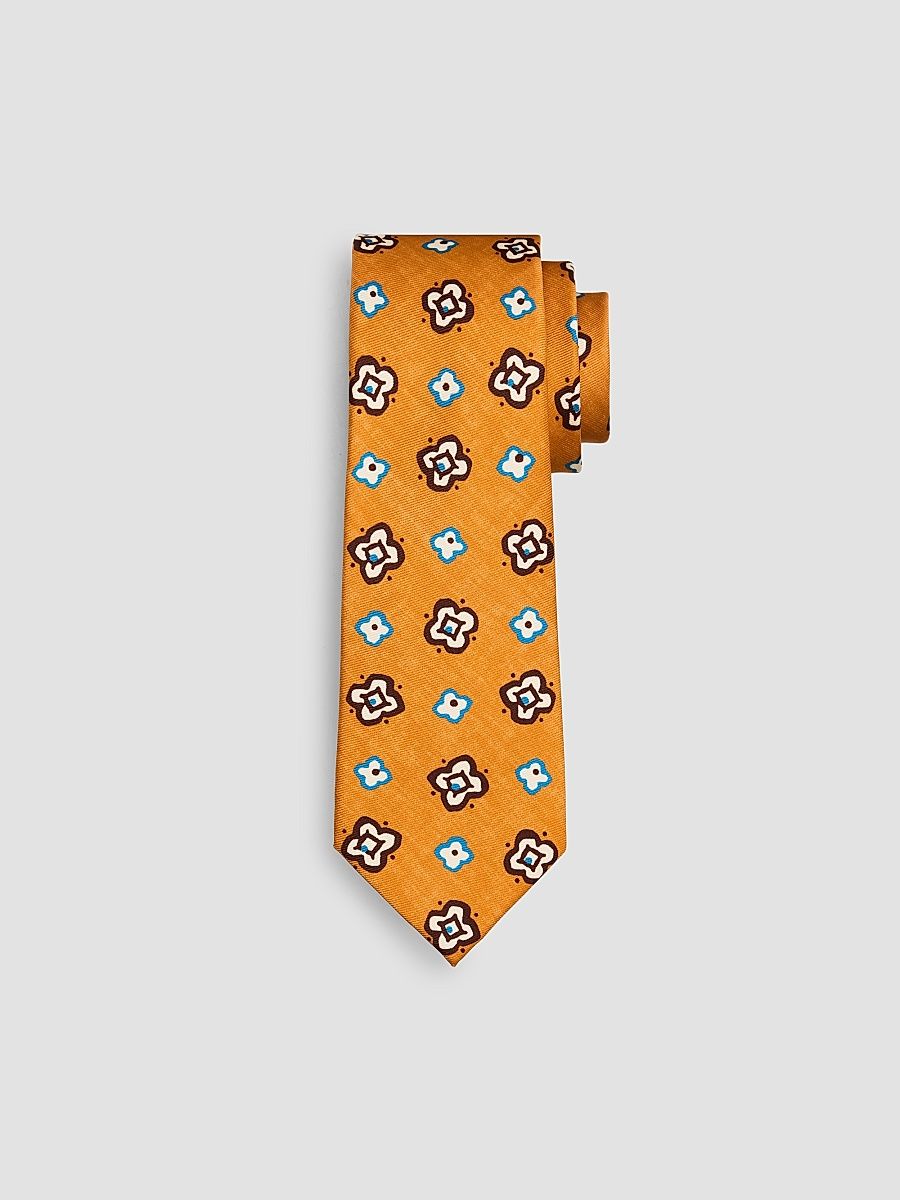 Men's Geometric Floral Silk Tie - Orange