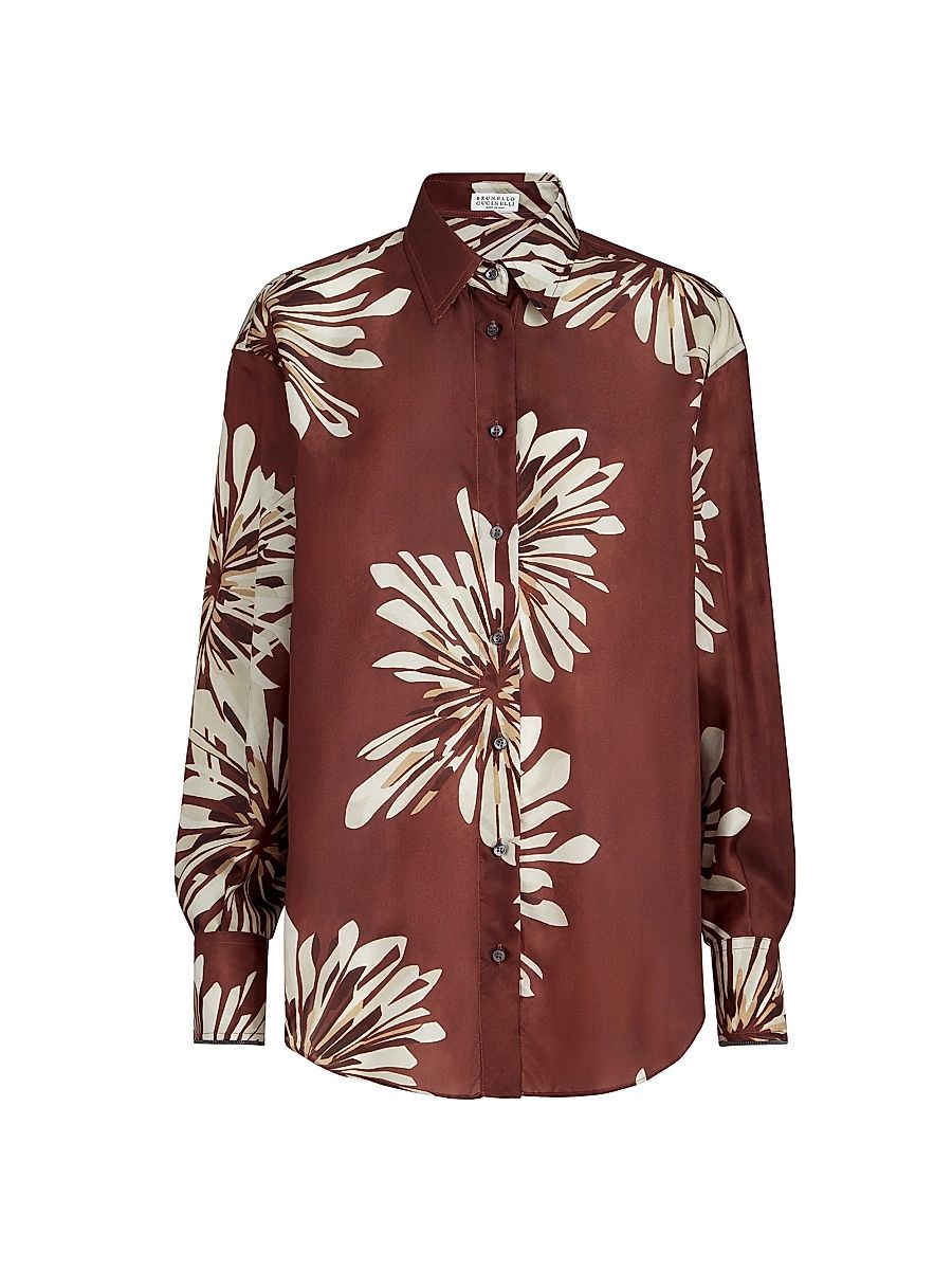 Women's Silk Bloom Print Pongee Shirt with Monili - Bordeaux - Size XL