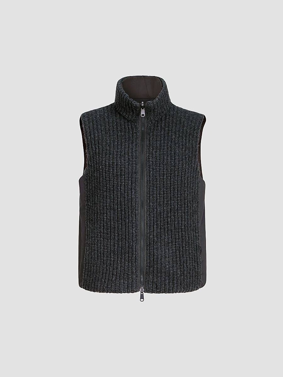 Women's Cashmere Feather Yarn Reversible Knit Down Vest - Lignite Grey - Size Large