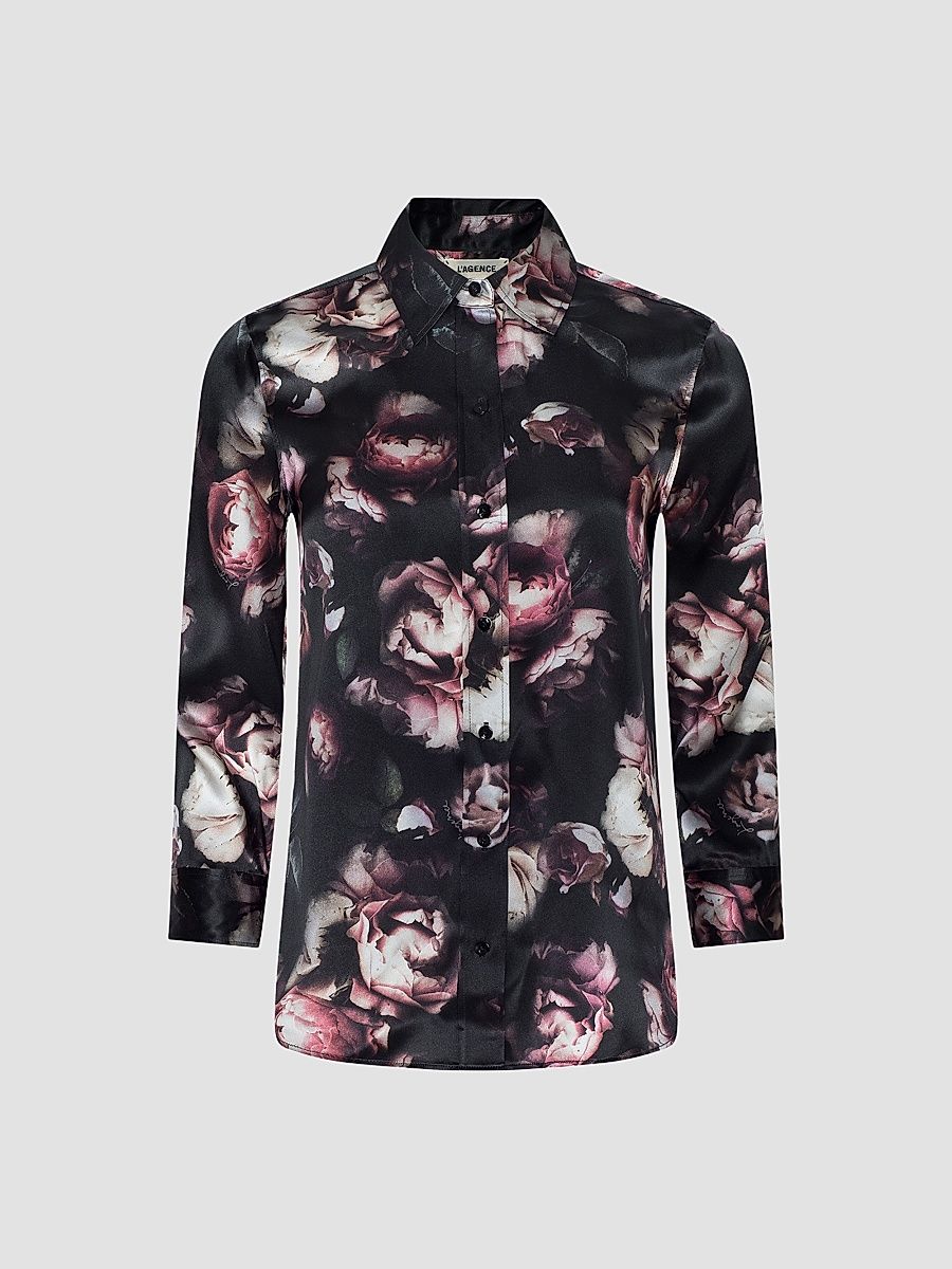L'AGENCE Women's Dani Three-Quarter-Sleeve Floral Silk Blouse - Black Mauve Rose - Size XS