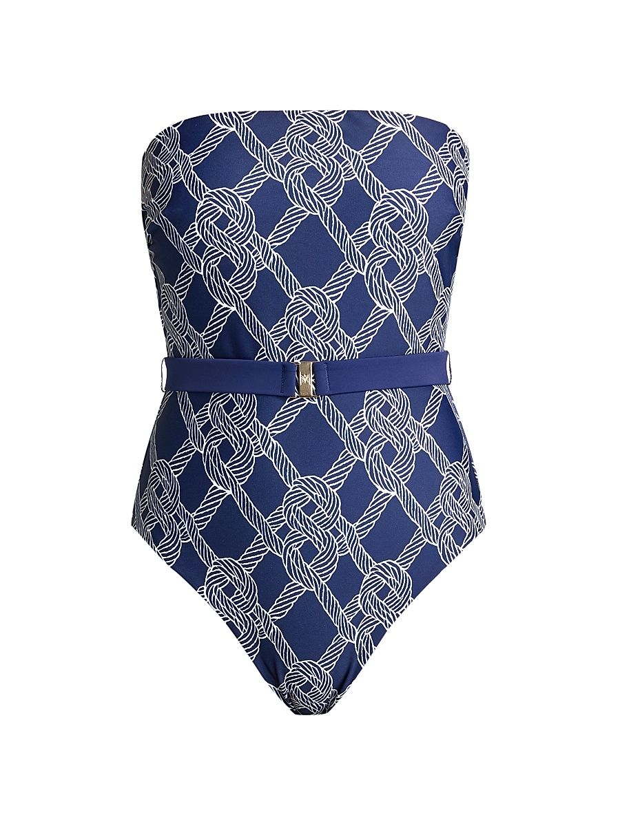 Women's Rope-Print Belted One-Piece Swimsuit - Navy - Size Large