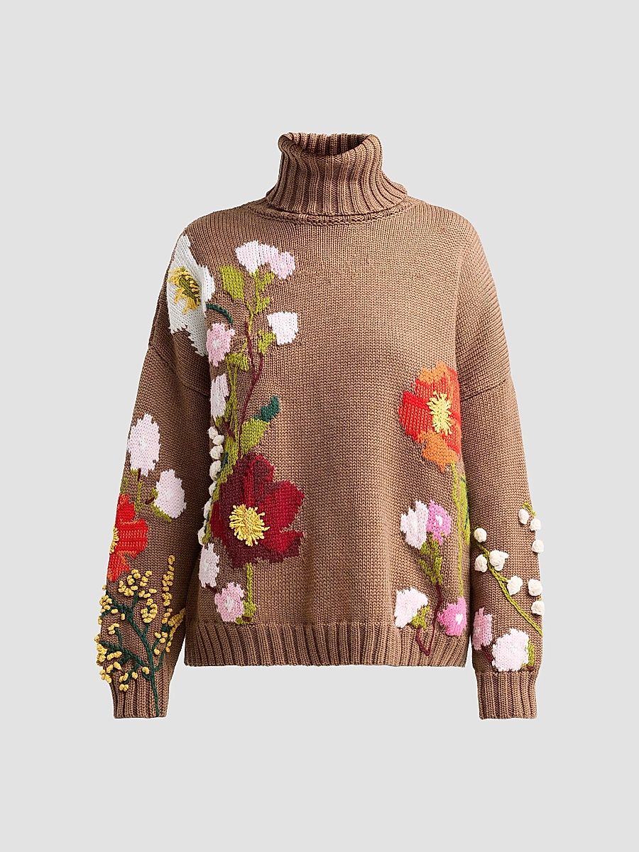 Women's Floral-Embroidered Intarsia-Knit Wool Sweater - Brown Multi - Size XL