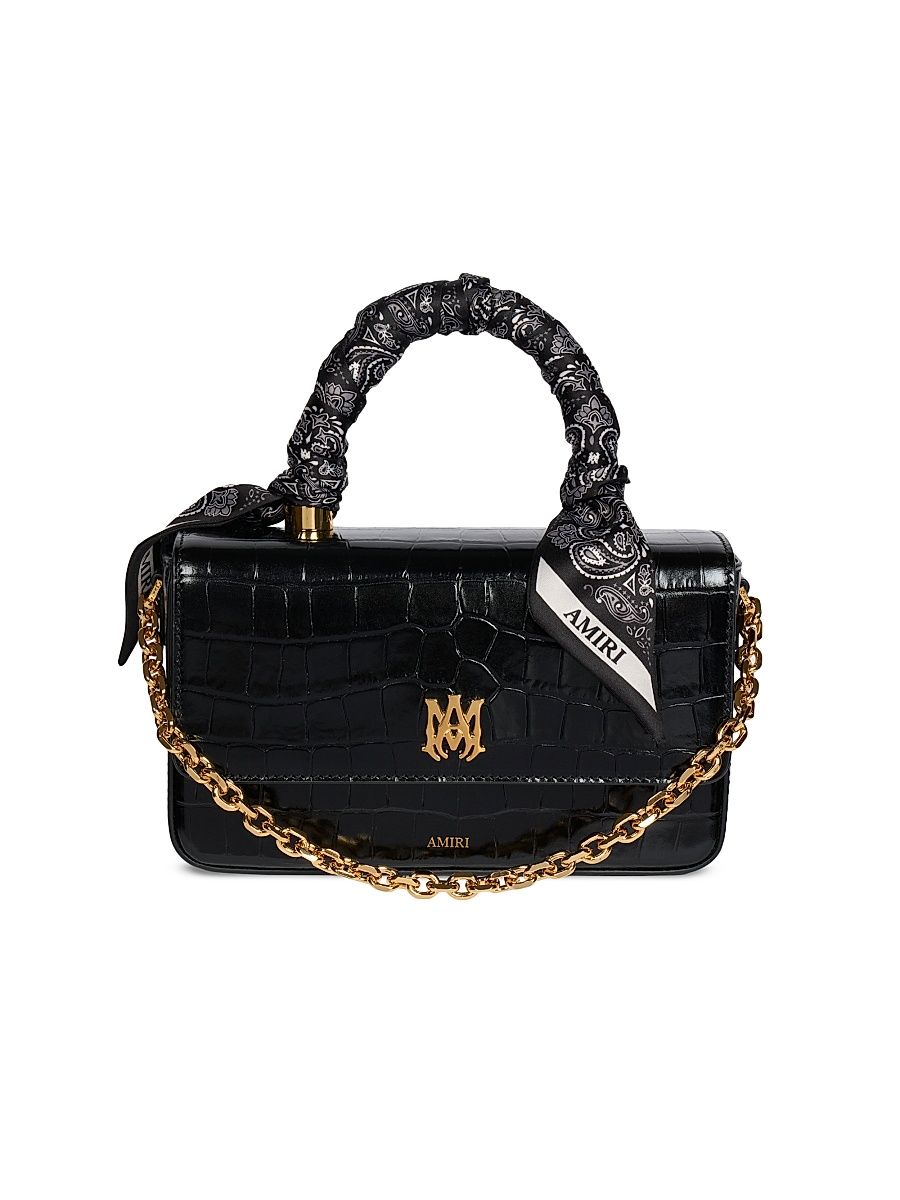 Women's Croc-Embossed Leather Top Handle Bag - Black