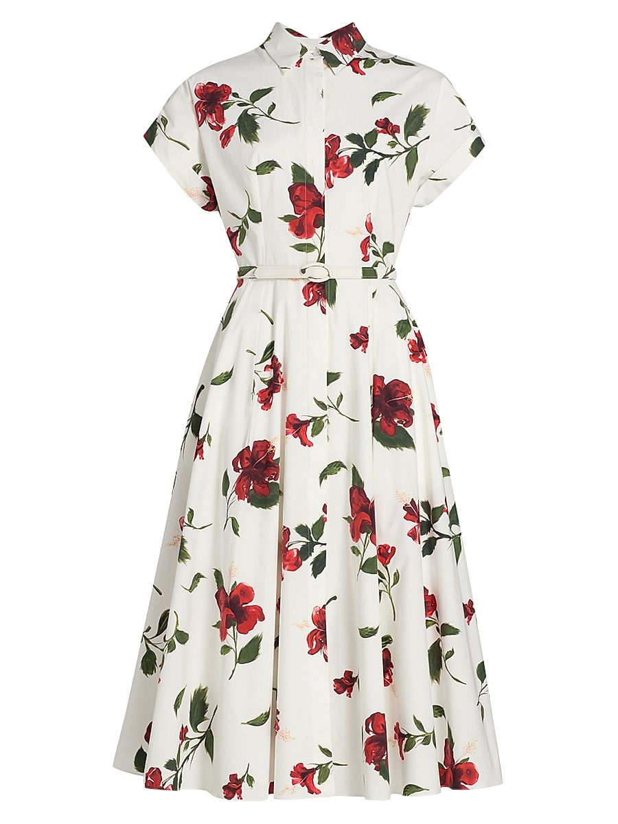 Women's Hibiscus Cotton Poplin Belted Midi-Shirtdress - Red White - Size 16