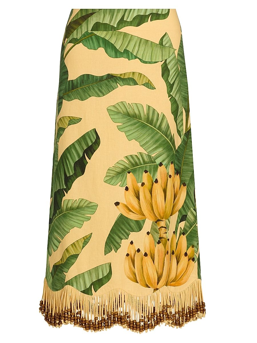 Women's Beaded Fringed Printed Linen-Blend Midi-Skirt - Yellow - Size Medium