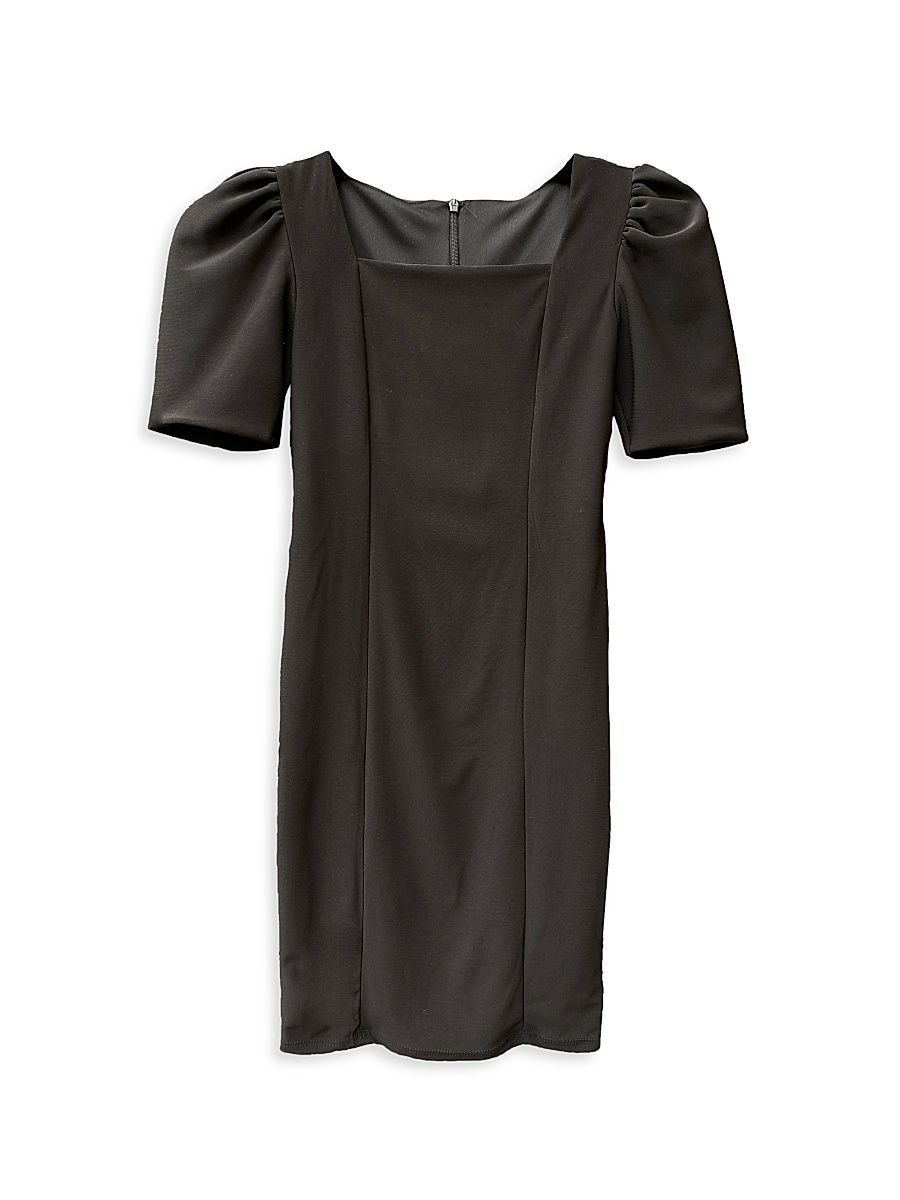 Girl's Puff-Sleeve Stretch Dress - Black - Size 12