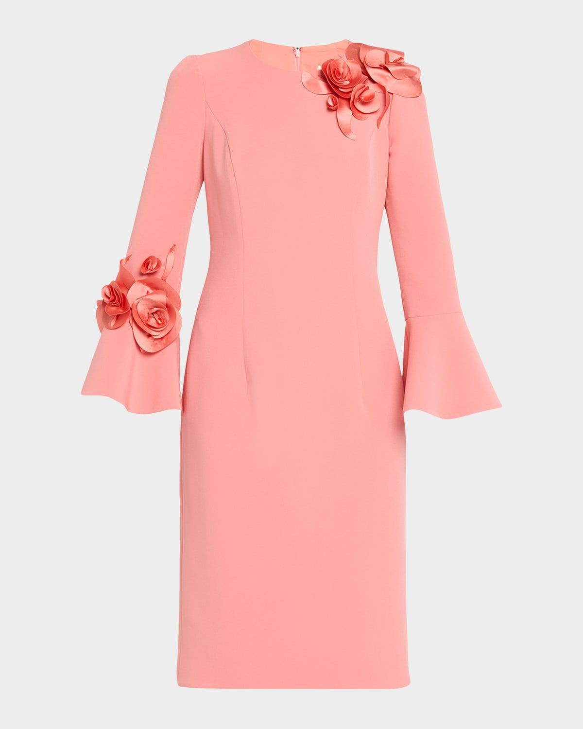 Floral Applique Flare-Cuff Crepe Dress