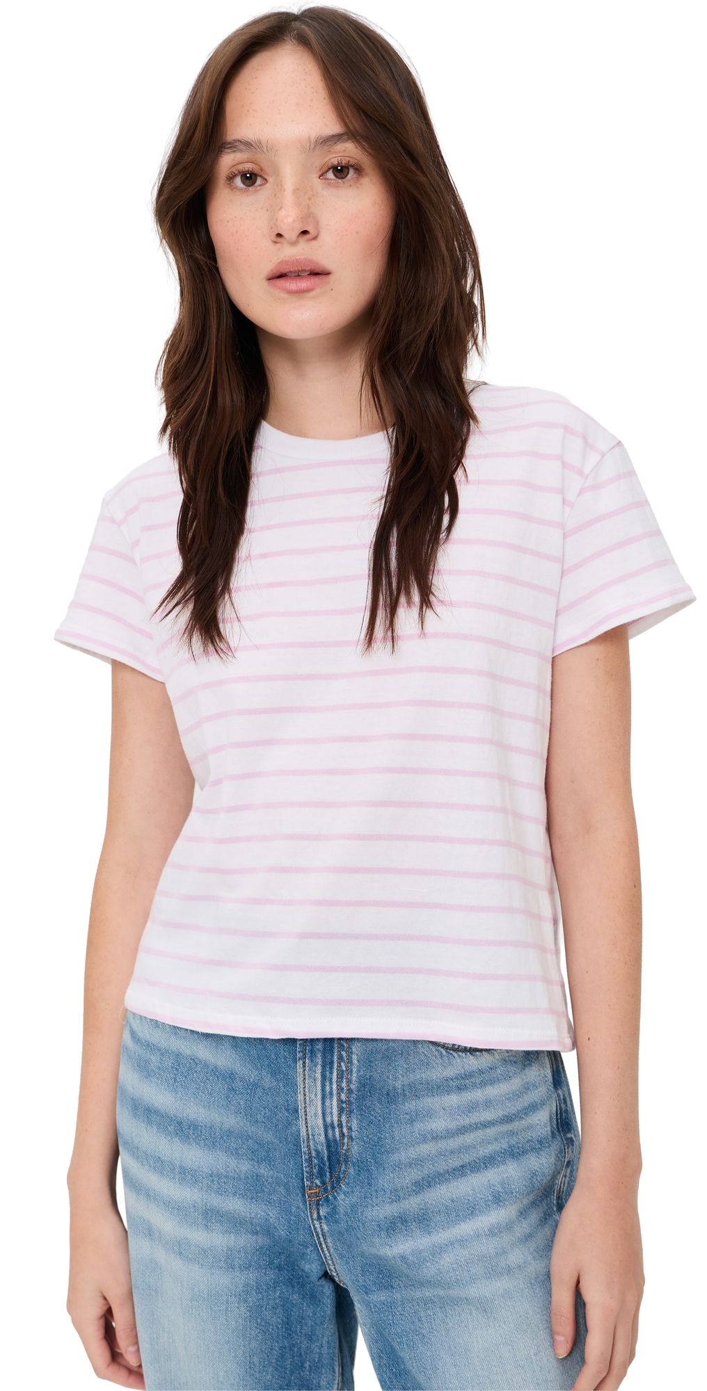 perfectwhitetee Everett Stripe Boxy Crew Neck Tee Pink Stripe L