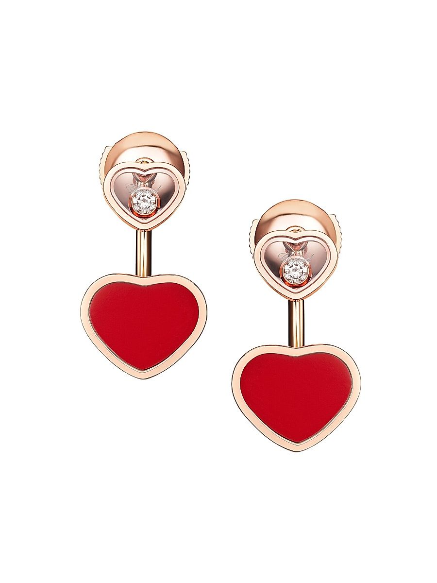 Women's Happy Hearts 18K Rose Gold, Diamond & Red Stone Earrings - Rose Gold