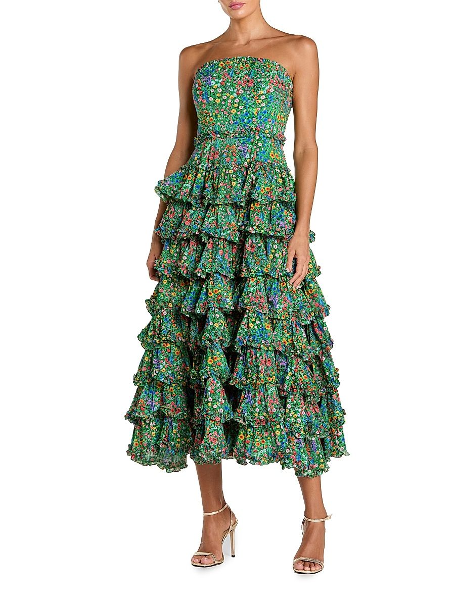 Women's Floral Ruffled Strapless Midi-Dress - Green Multi - Size 12