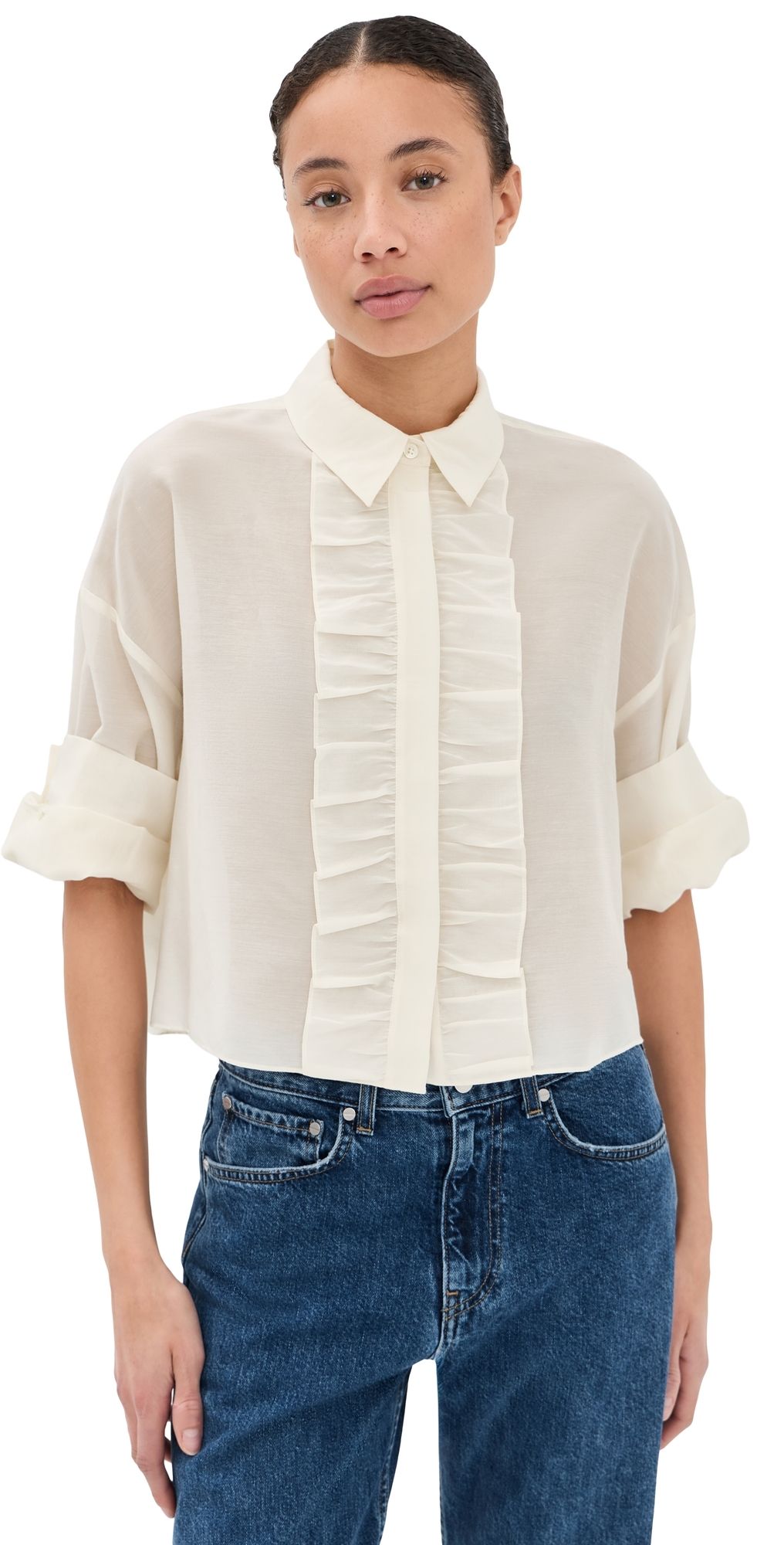 TWP Next Ex Ruffle Button Down Top Ivory M/L