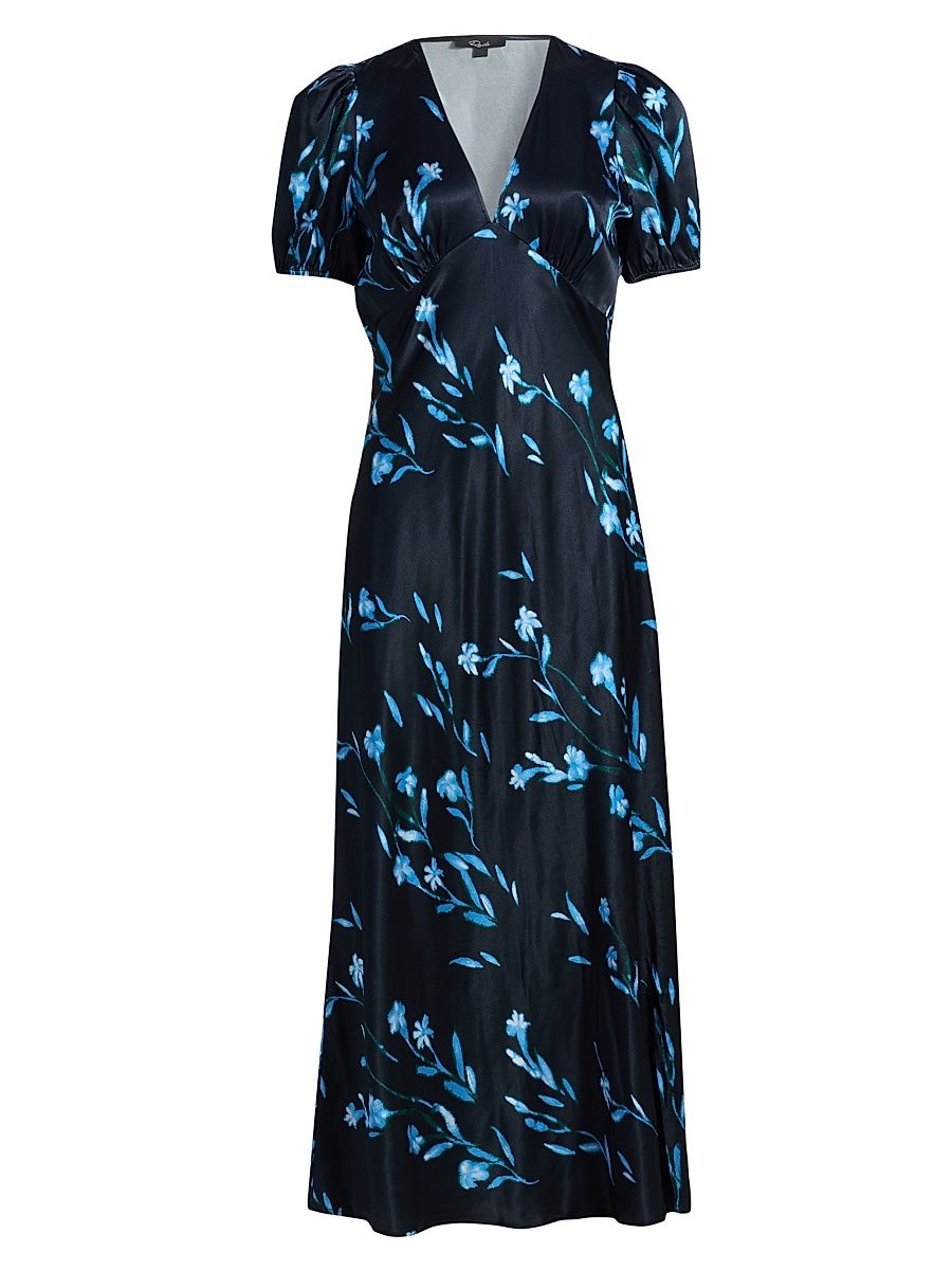 Women's Junia Puff-Sleeve Floral Midi-Dress - Blue Carnation - Size Medium