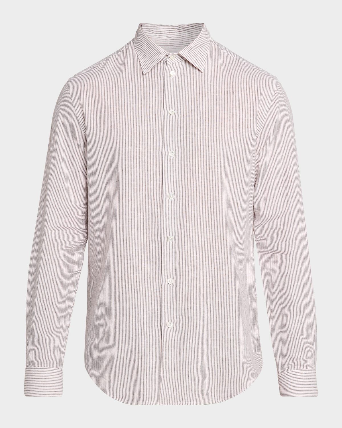 Men & apos;s Cotton and Linen Fine-Stripe Sport Shirt