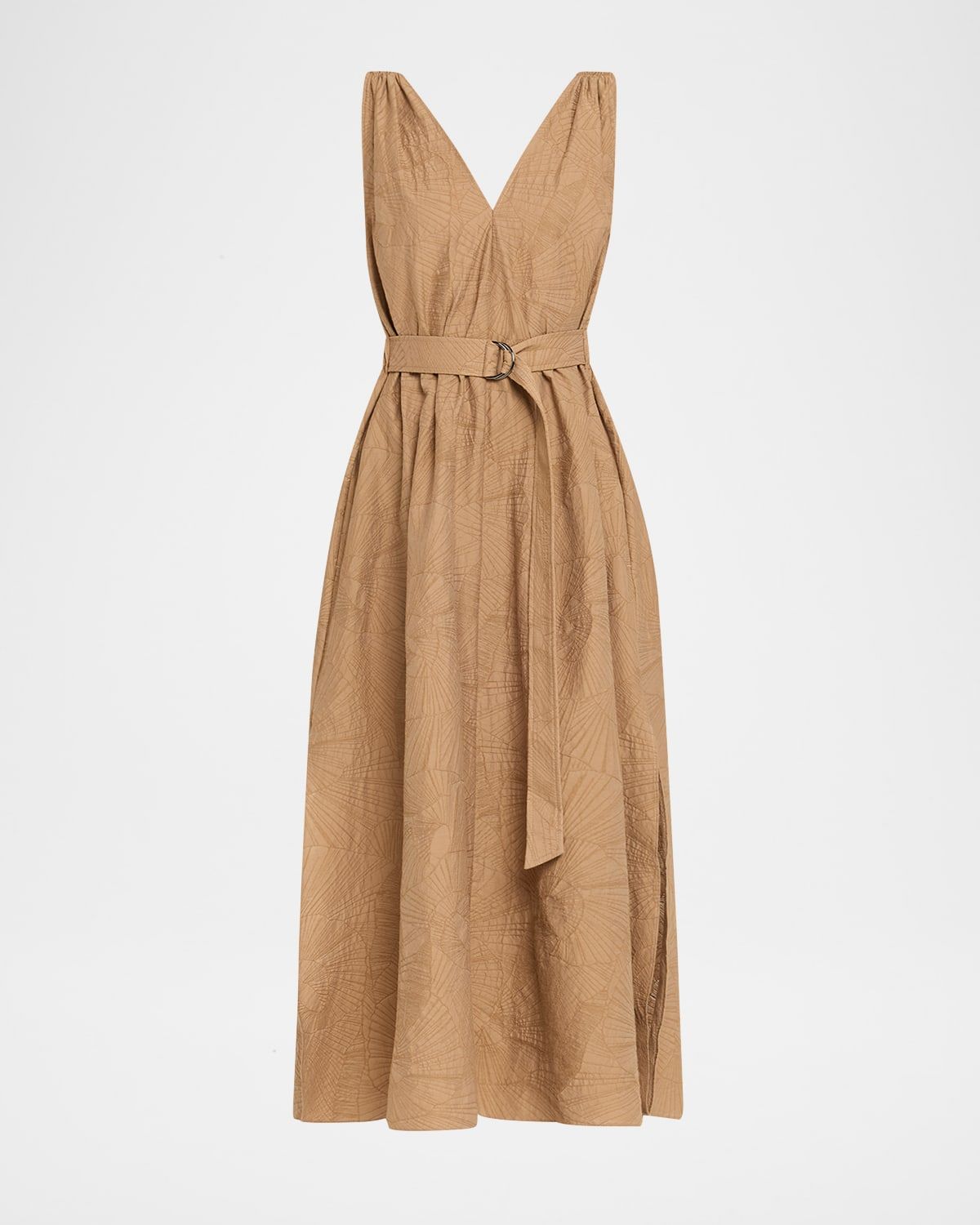 Sleeveless Cotton Poplin Jacquard Belted Midi Dress
