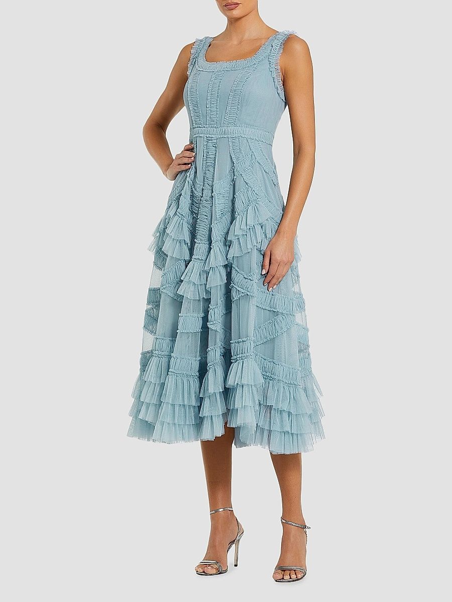 Mac Duggal Women's Mesh Ruffled Scoopneck Midi-Dress - French Blue - Size 16