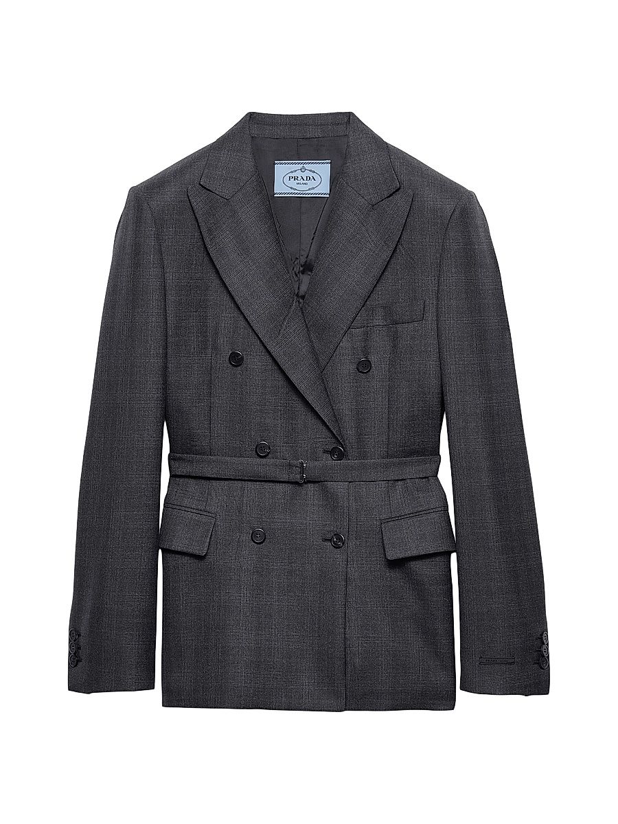 Women's Double-Breasted Checked Wool Jacket - Grey - Size 2