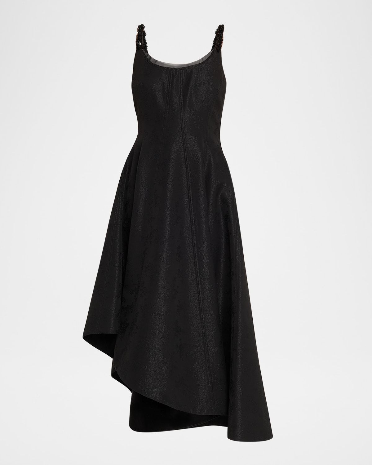 Asymmetric Metallic Floral Jacquard Midi Dress