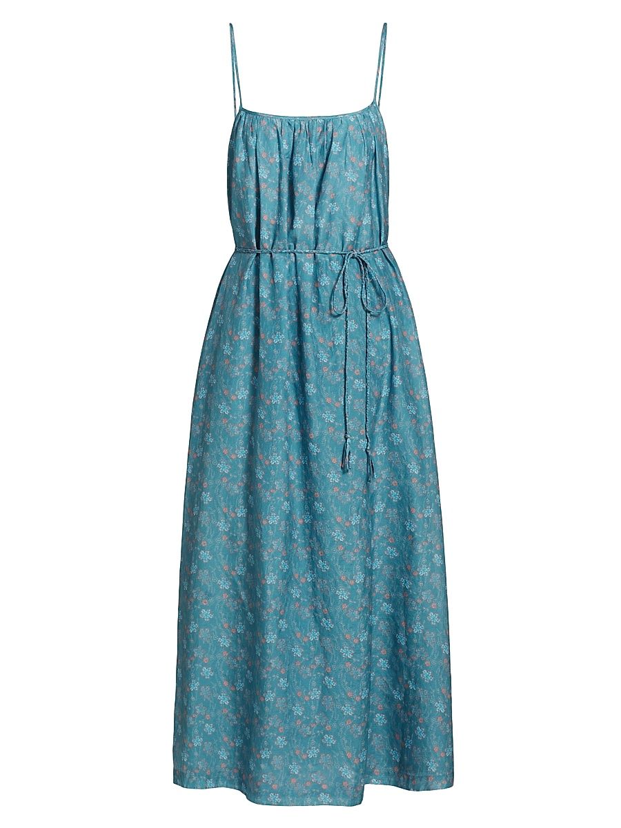 Women's Vanna Floral Cotton & Silk Tie-Waist Midi-Dress - Aqua Teal - Size Small