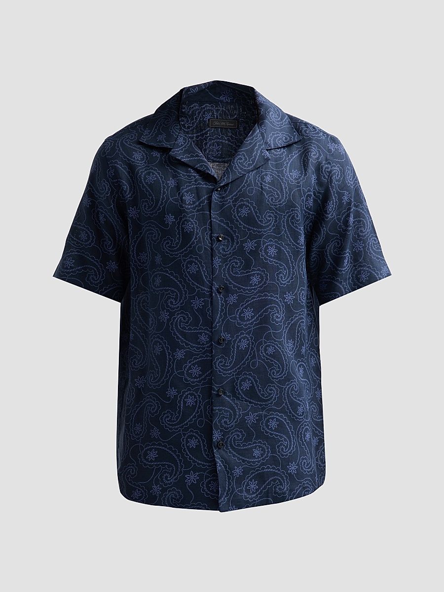 Men's COLLECTION Flower Cotton Camp Shirt - Navy - Size XXL