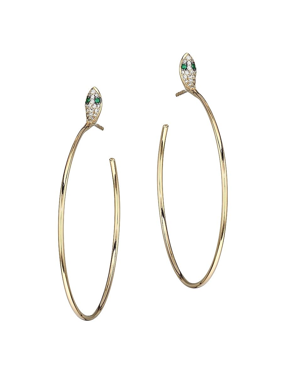 Women's 14K Yellow Gold, Diamond & Emerald Snake Hoop Earrings - Gold