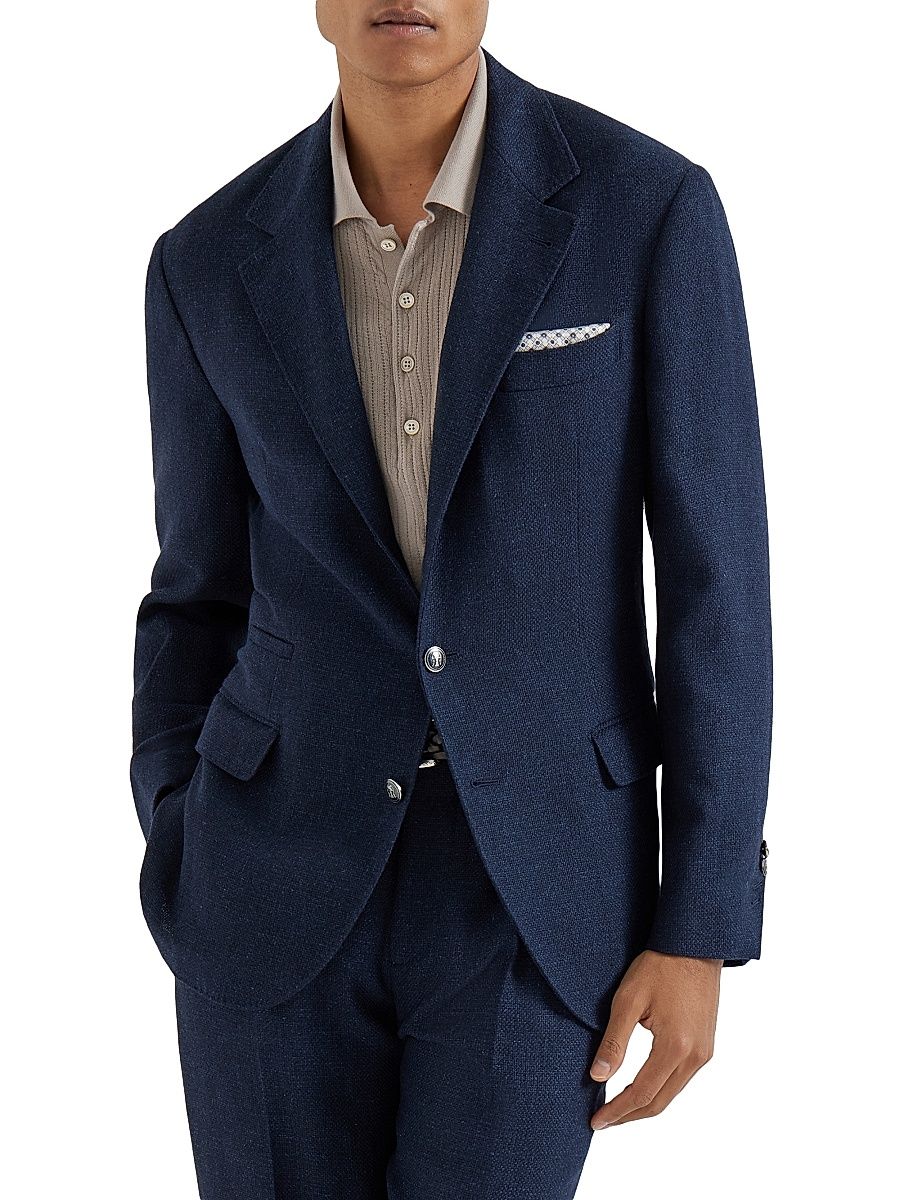 Men's Silk, Linen and Wool Hopsack Deconstructed Blazer with Metal Buttons - Navy Blue - Size 48