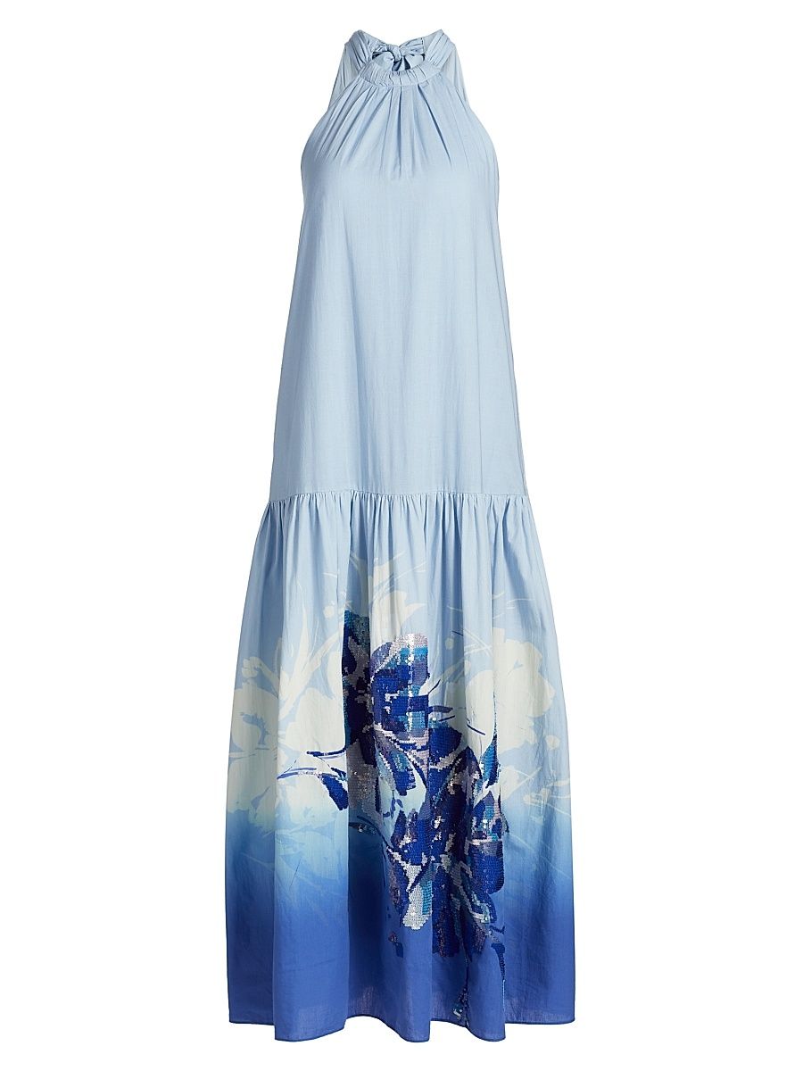 Women's Daelia Sequined Floral Cotton Maxi Dress - Blue Multi - Size XL