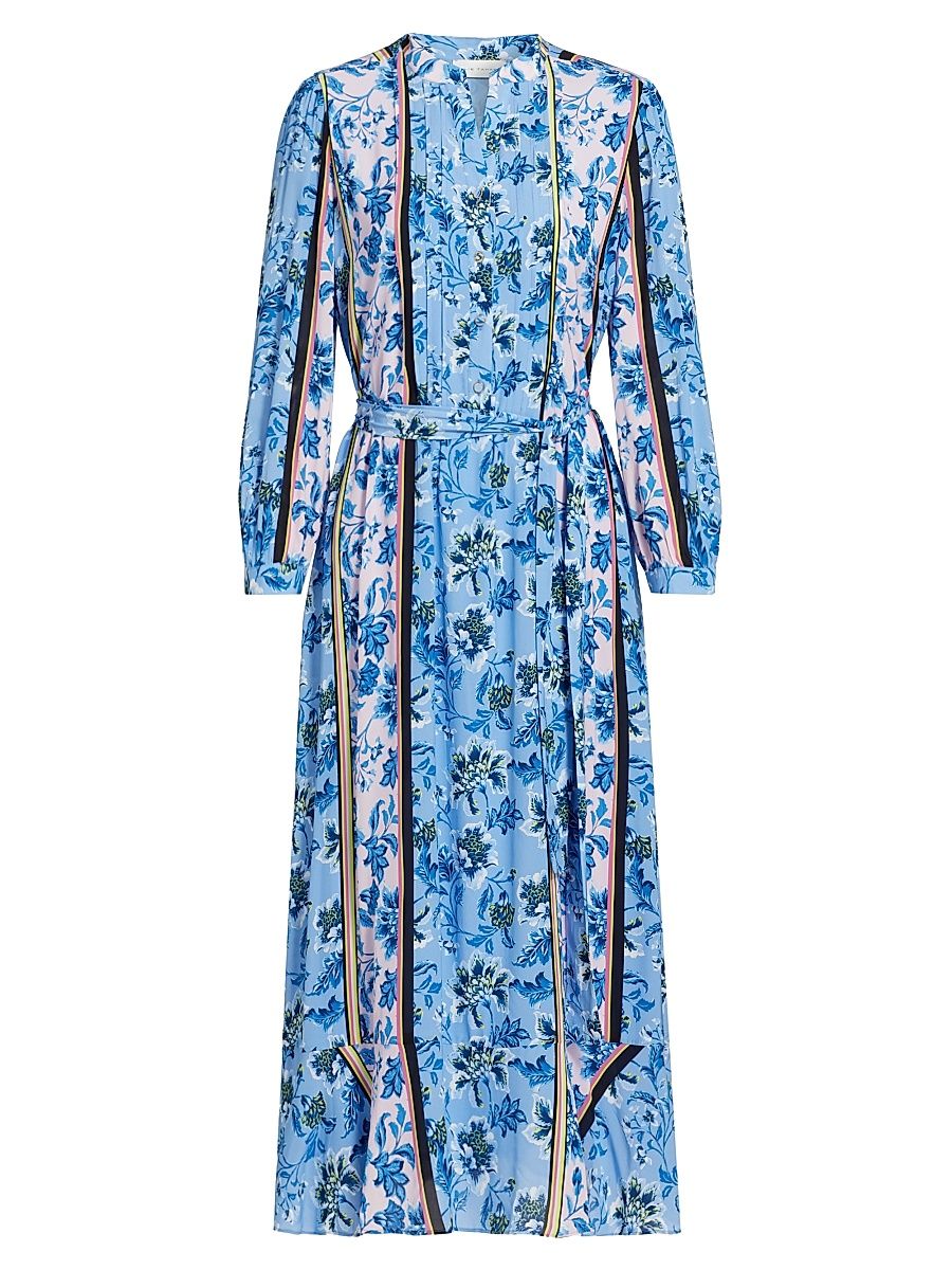 Women's Floral Stretch-Silk Midi-Shirtdress - Twilight Stripe Print - Size XL