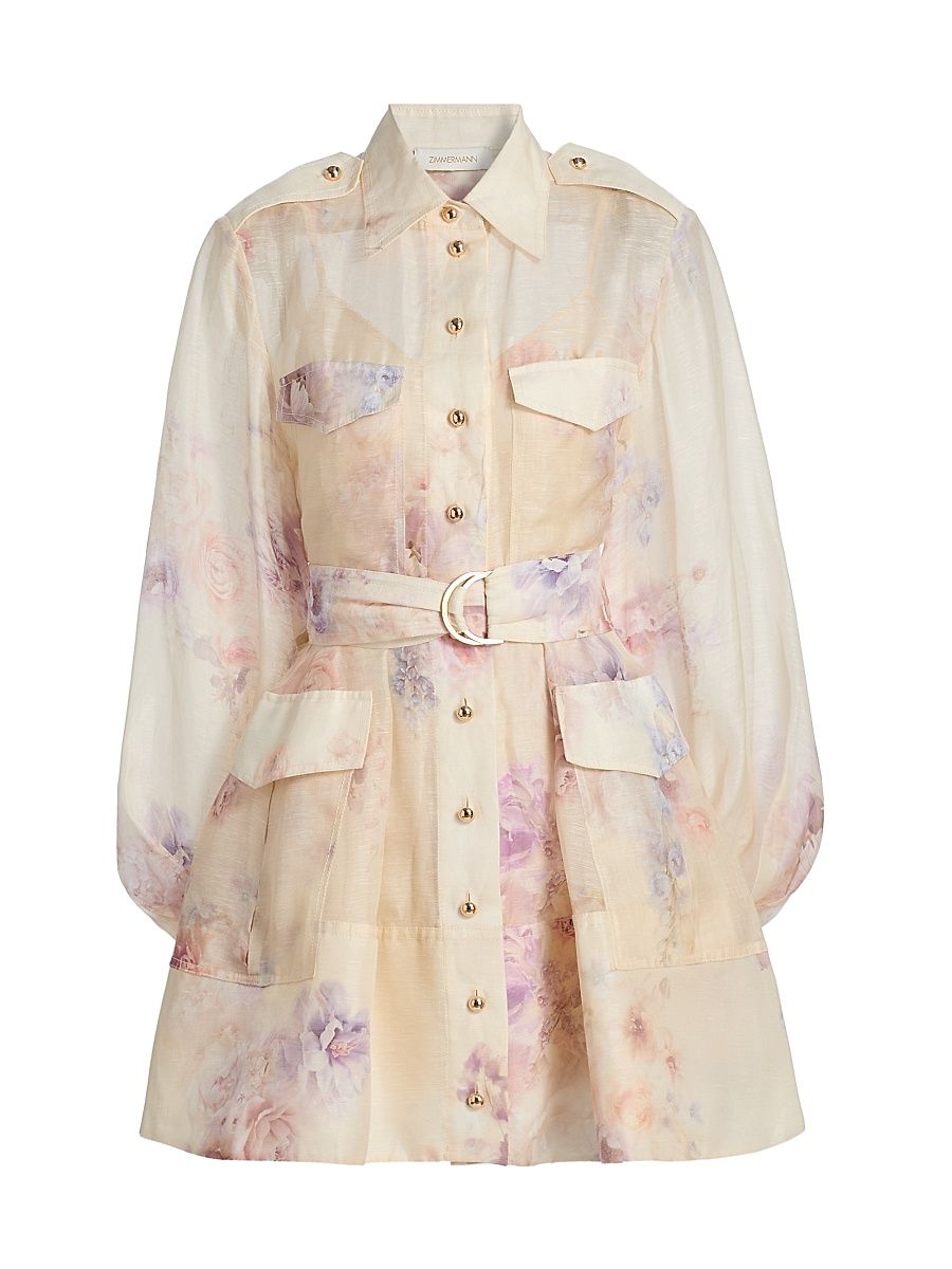 Women's Hypnotic Printed Linen-Silk Tie-Waist Minidress - Cream Floral - Size 6