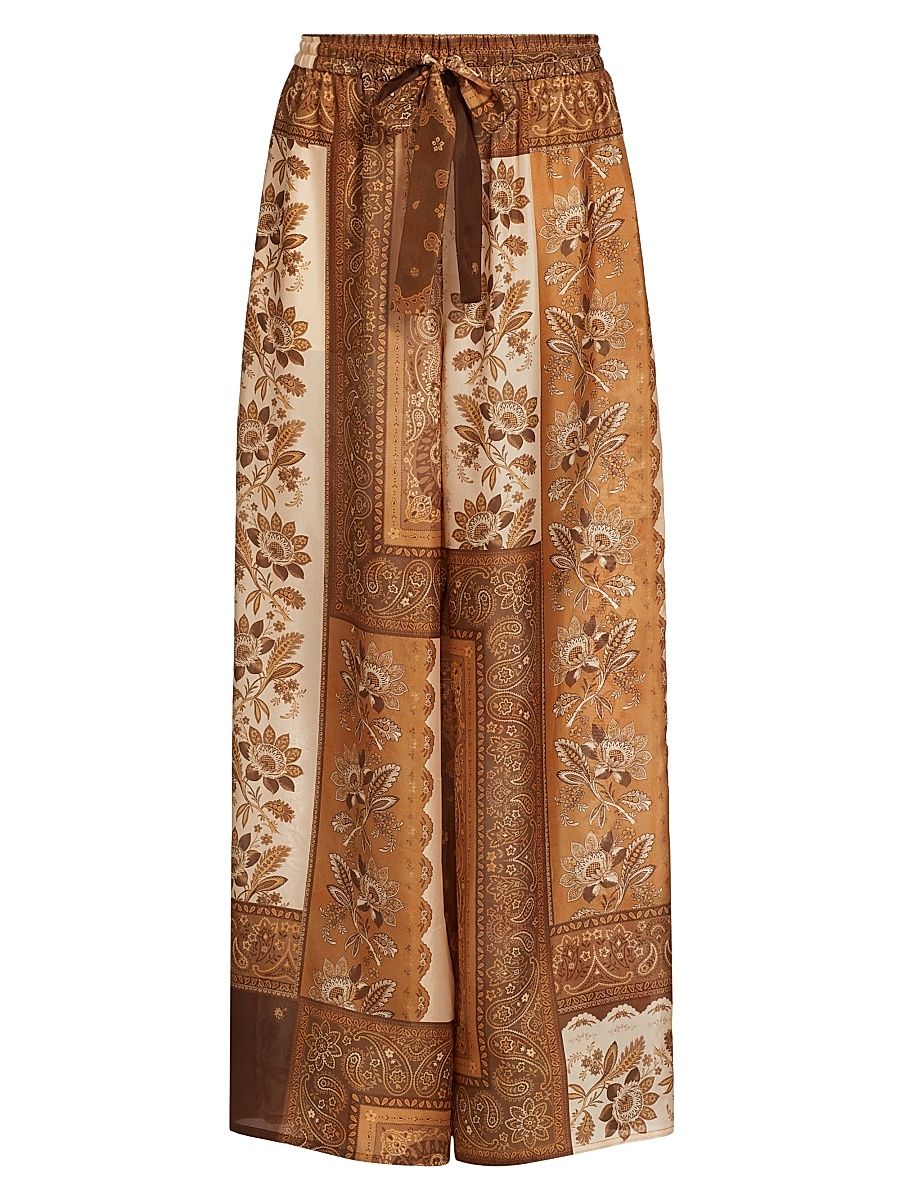 Women's Lucky Floral Silk Relaxed-Fit Pants - Chocolate Bandana - Size 4