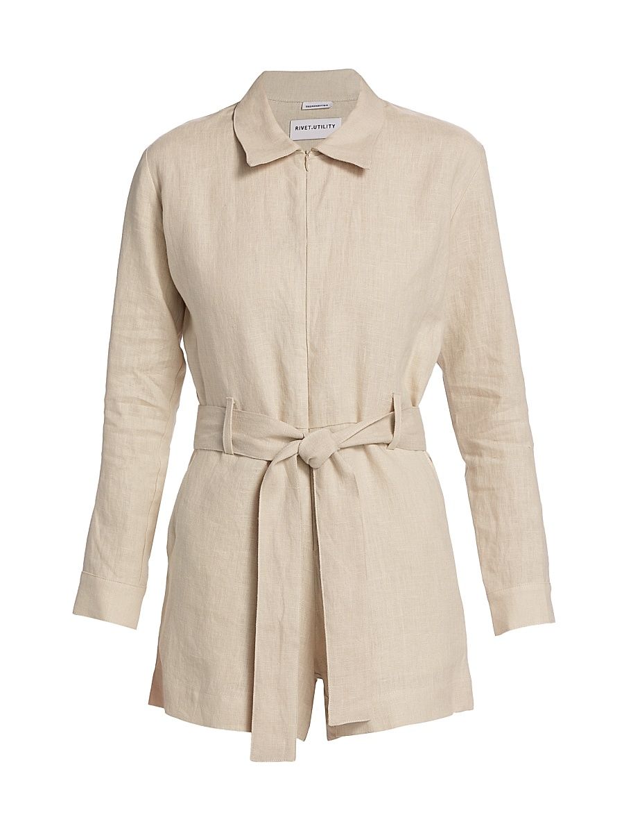 Women's Trendsetter Tie-Waist Denim Romper - Oatmeal - Size Large