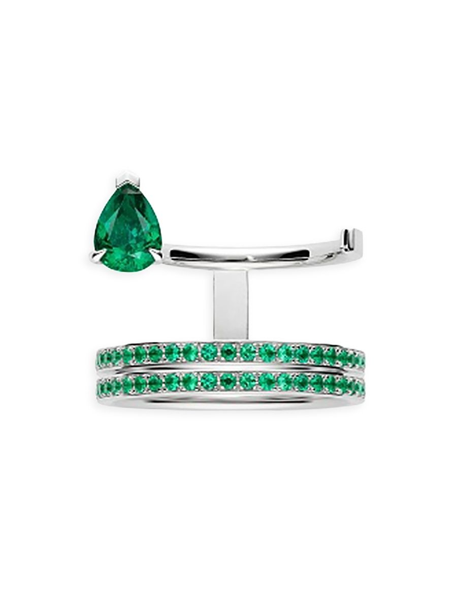 Women's Serti Sur Vide 18K White Gold & Emerald Ring - White Gold - Size 7.25