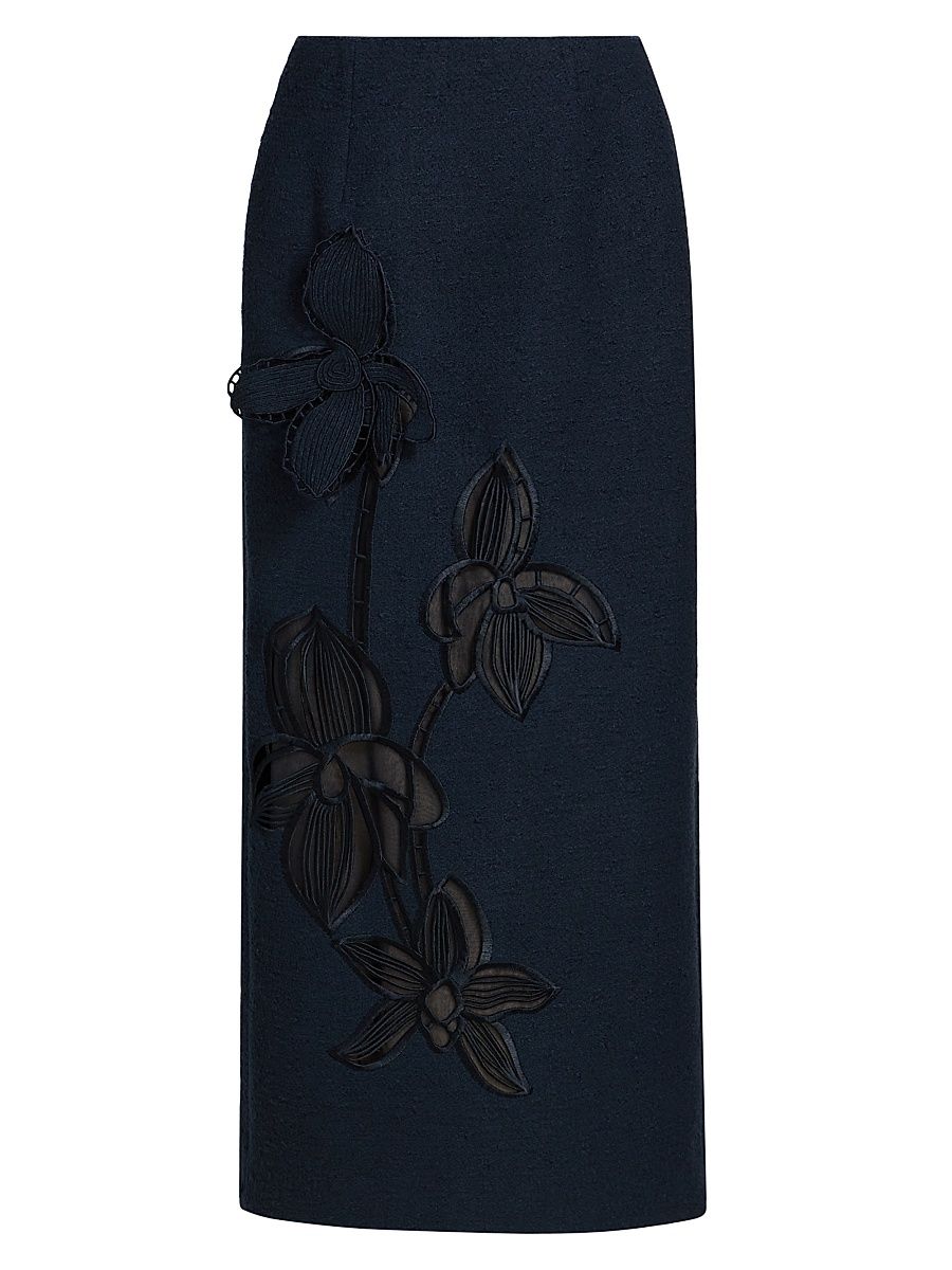 Women's Tweed Embroidered Midi-Skirt - Navy - Size 12