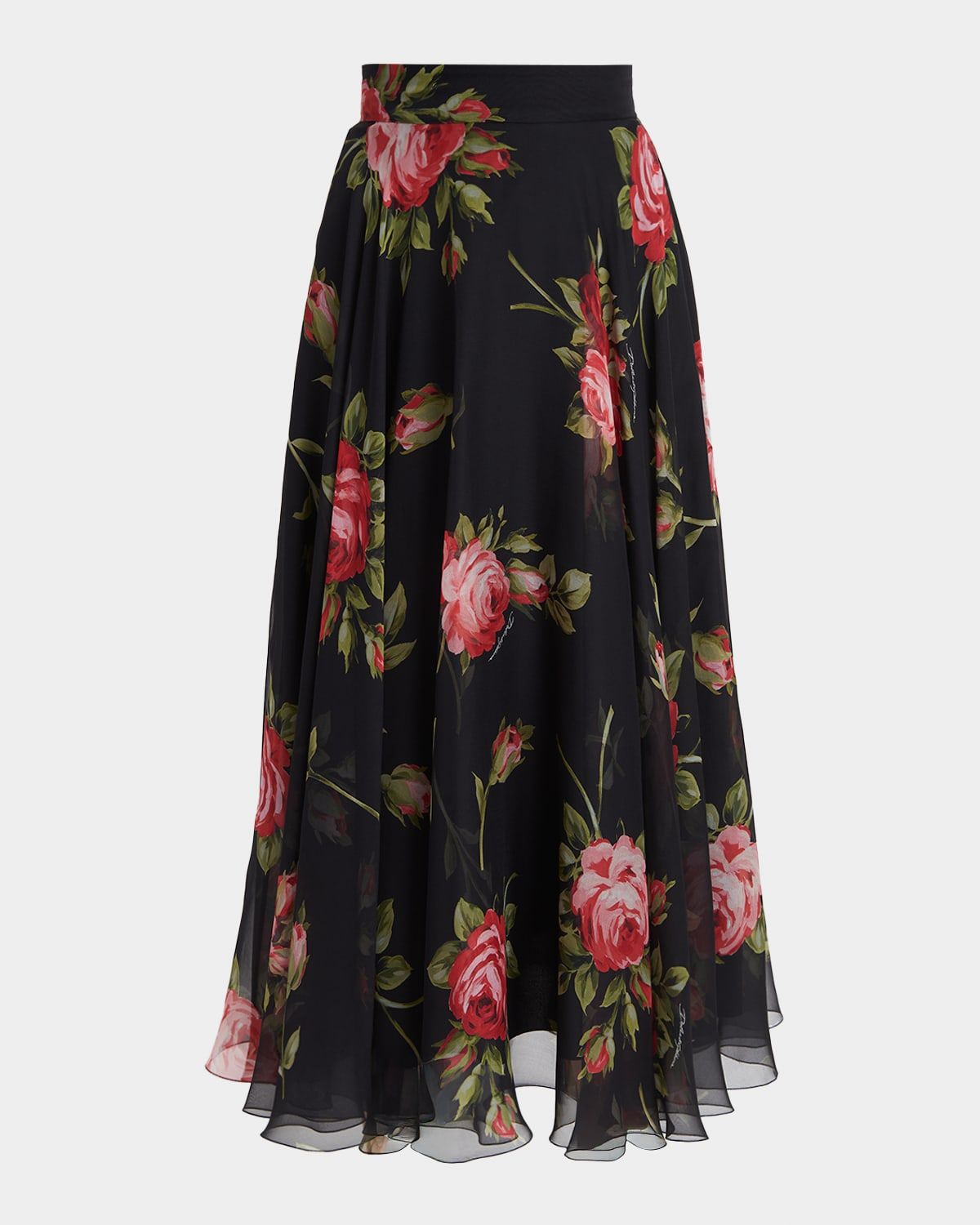 Rose-Print Overlay Midi Silk Skirt
