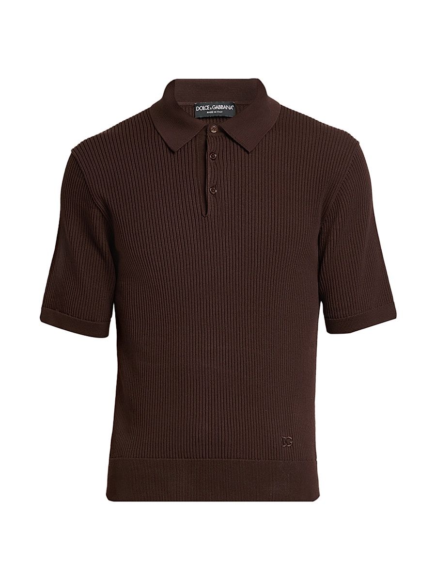 Men's Rib-Knit Cotton Polo Shirt - Marrone - Size 42