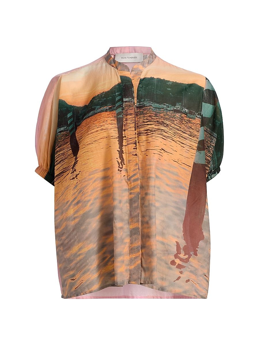 Women's Zenia Printed Cotton Button-Down Blouse - Blush Horizon - Size XL