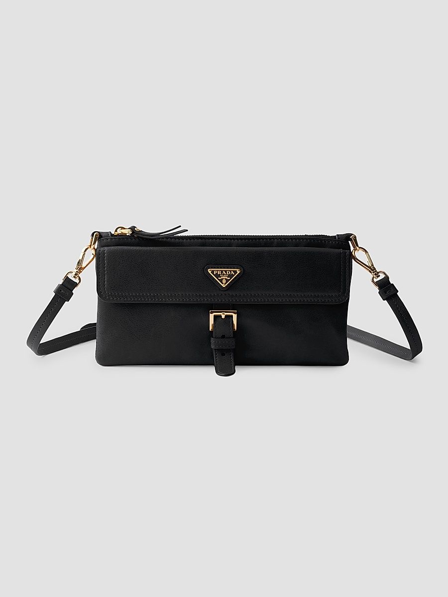 Women's Nappa Leather Wallet with Shoulder Strap - Black