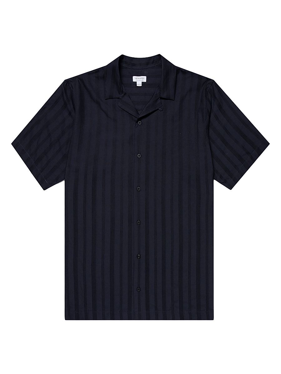 Men's Embroidered Stripe Cotton Short-Sleeve Button-Front Shirt - Navy - Size XL