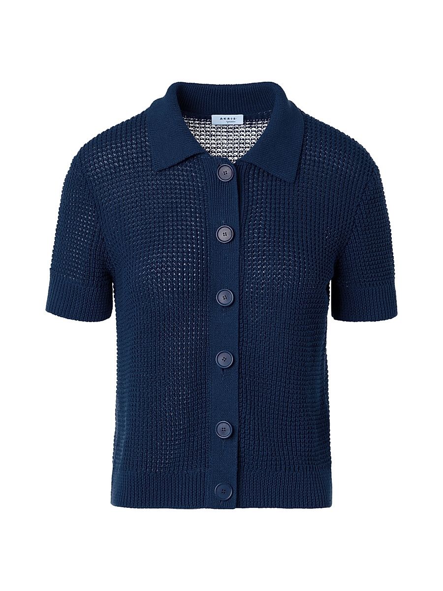 Women's Linen/Cotton Open-Knit Short-Sleeve Cardigan - Dark Blue - Size 16