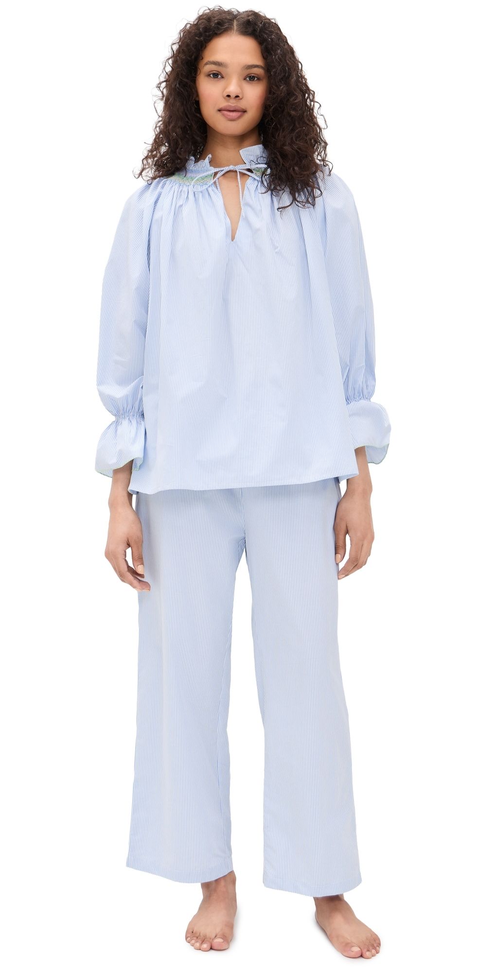 Folkloore Smocked Pajama Set Blue Stripes M